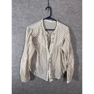 MNG Mango Striped Button Front Blouse Womens XS 2 Tan Long Sleeve Boho Prairie